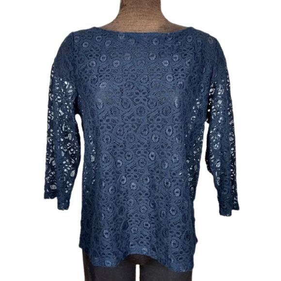 Ann Taylor Loft Factory Blue lace 3/4 sleeve top L - Picture 1 of 10